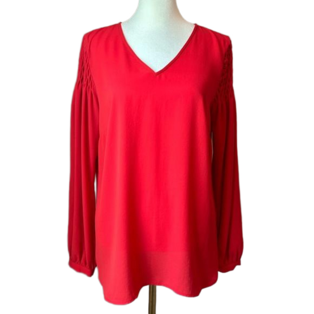 Talbots Red V-Neck Top Smocked Long Puffed Sleeve Button Cuff Curved Hem Small